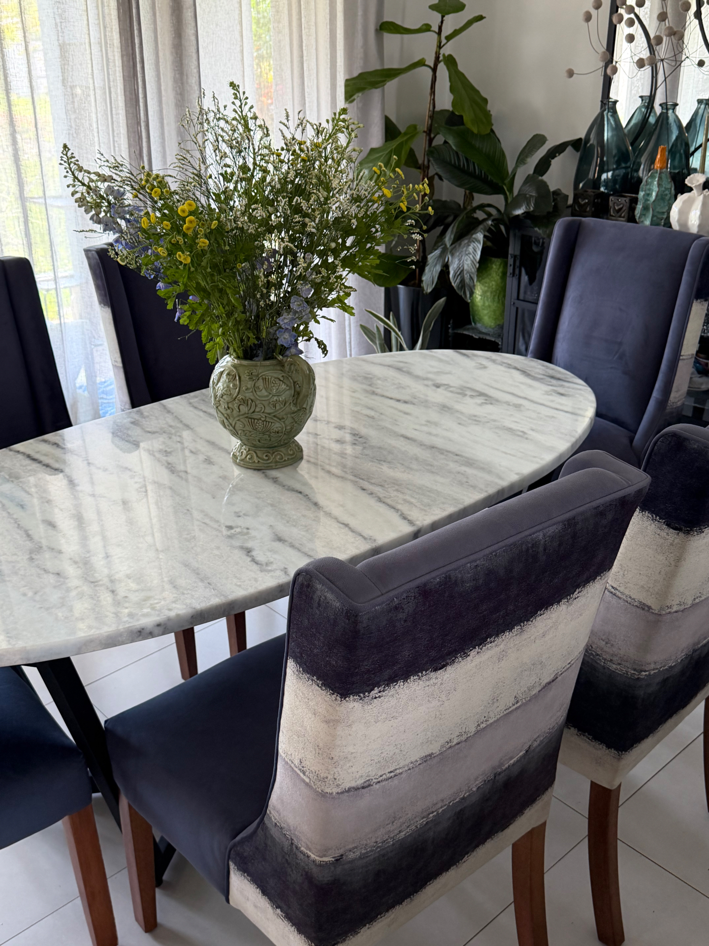 Marble dining table with upholstered chairs — completed commission