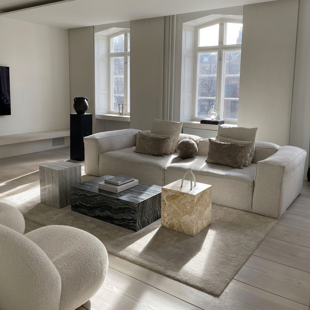 Mixed marble cubes and coffee table arranged as one modular coffee table